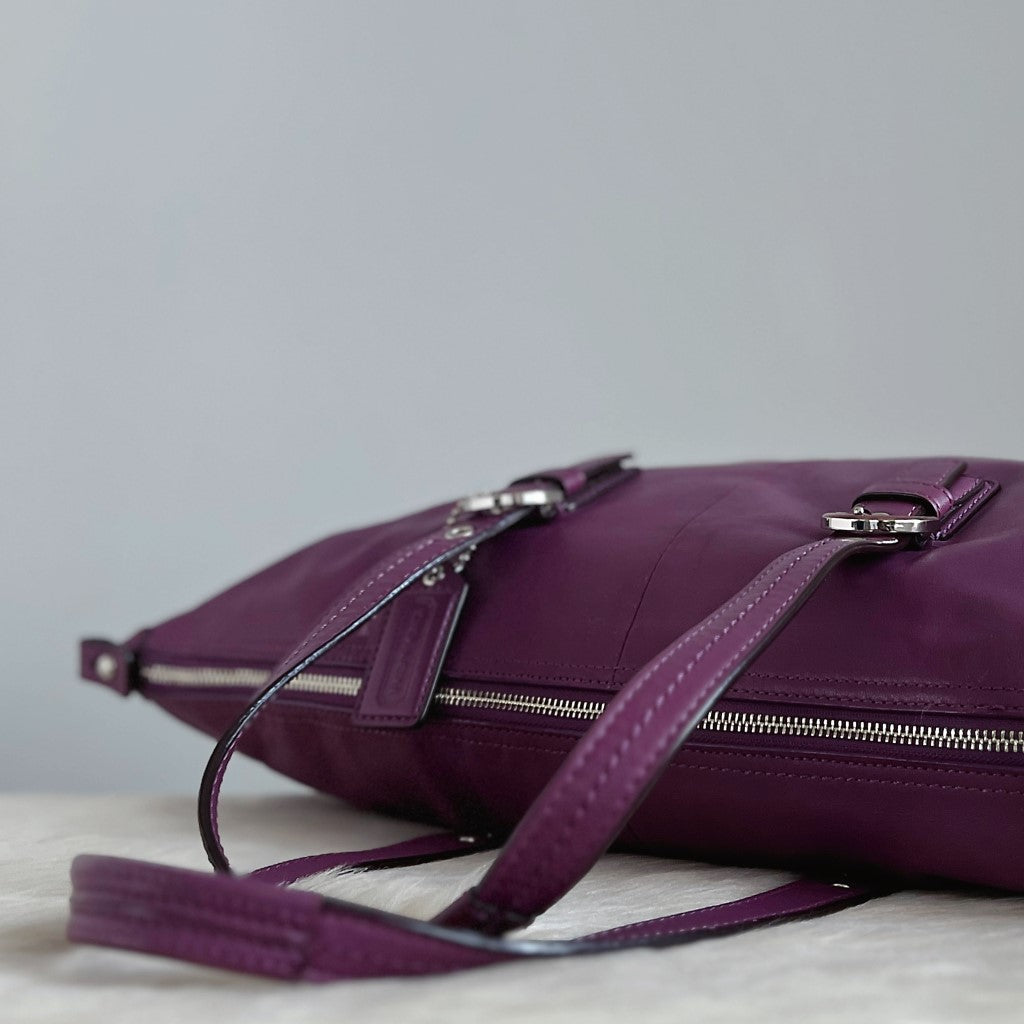 Coach Purple Leather Buckle Detail Boston 2 Way Shoulder Bag Excellent