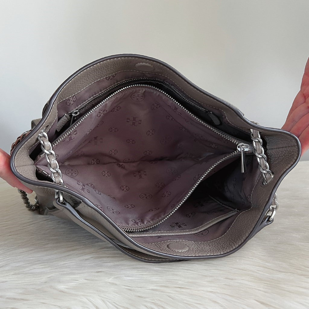 Tory Burch Taupe Leather Chain Detail Triple Compartment Shoulder Bag Like New