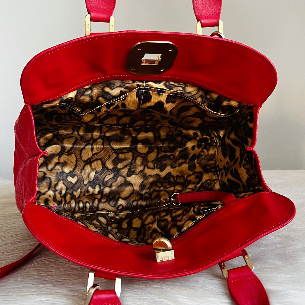 Longchamp Red Pryson Print Leather Turn Lock 2 Way Shoulder Bag Excellent