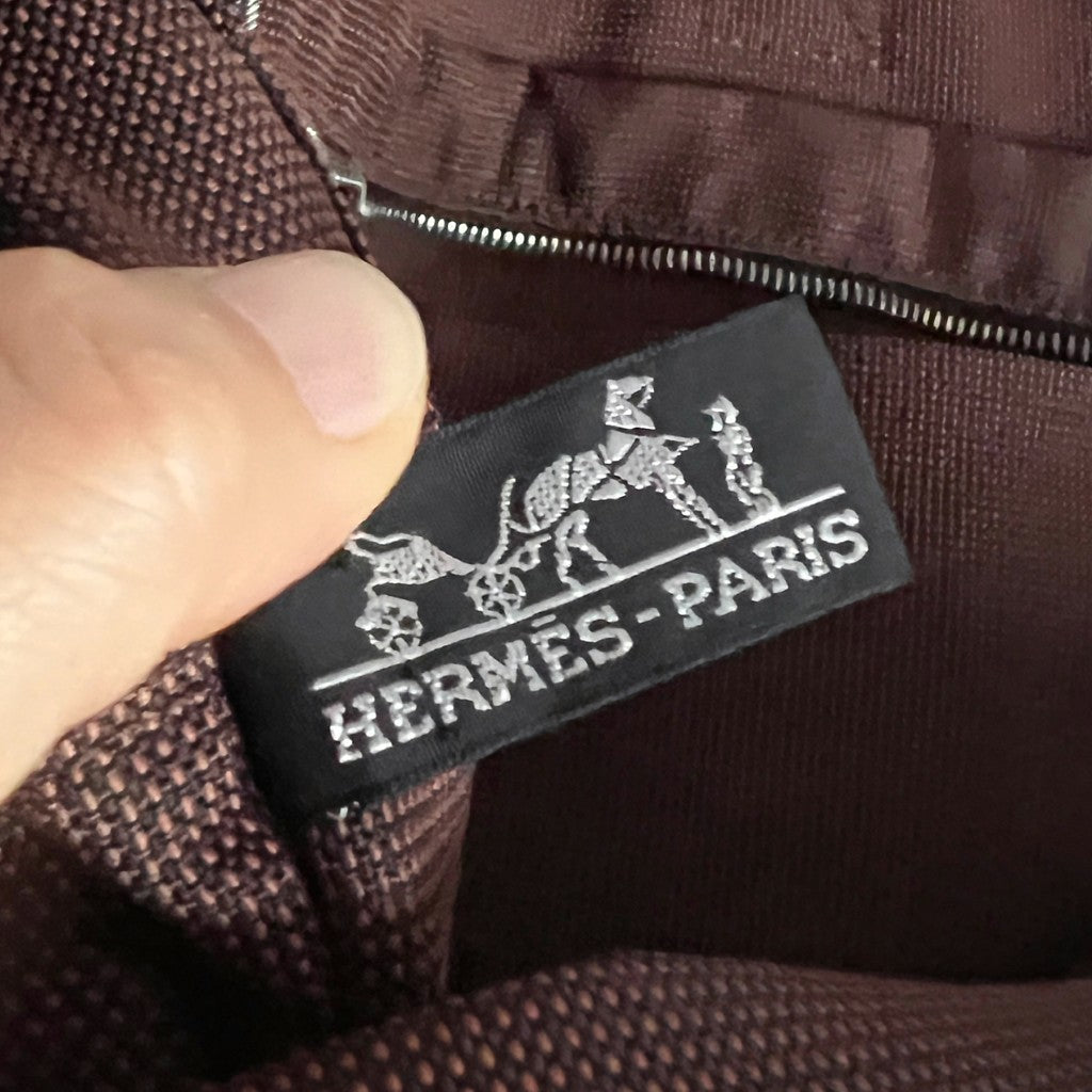 Hermes Brown Signature Stripe Detail Canvas Tote Bag Excellent