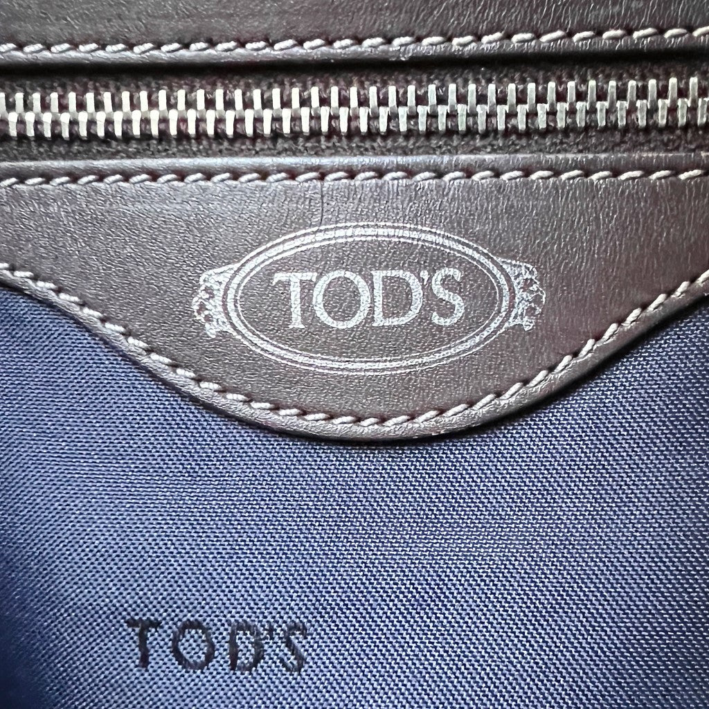 Tod's Chocolate Leather Trim Navy Front Logo 2 Way Shoulder Bag