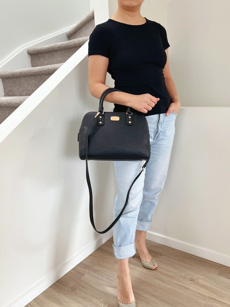 Michael Kors Black Leather Front Logo Career 2 Way Shoulder Bag Like New