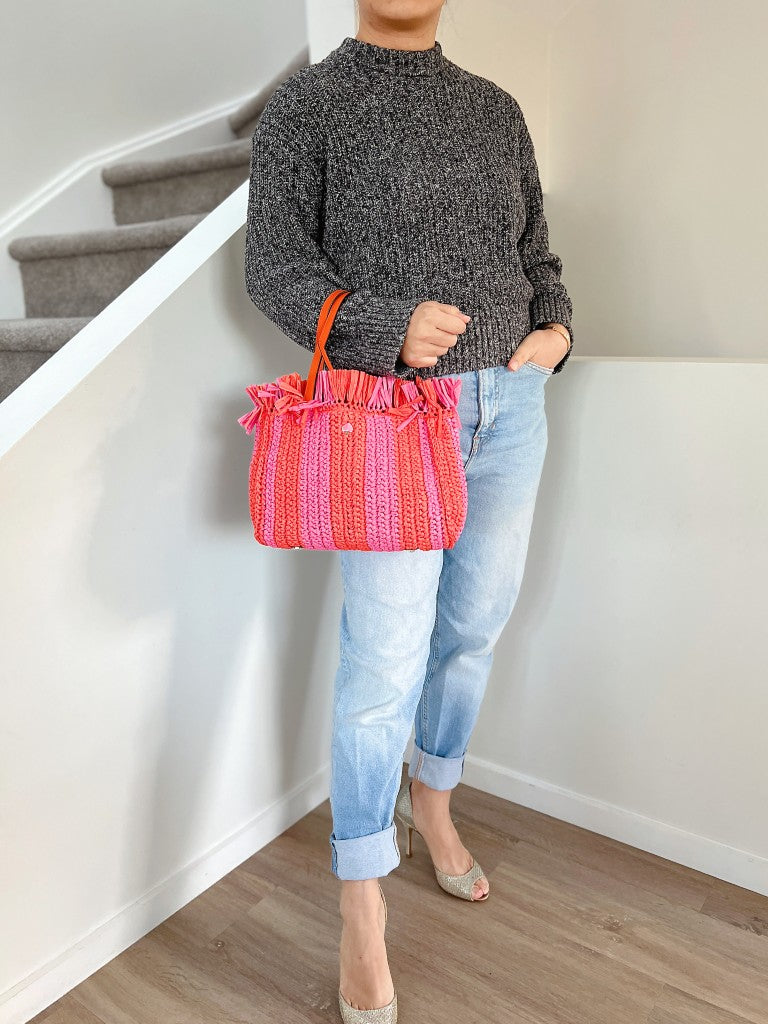 Kate Spade Striped Straw Fringe Detail Holiday Tote Bag Like New