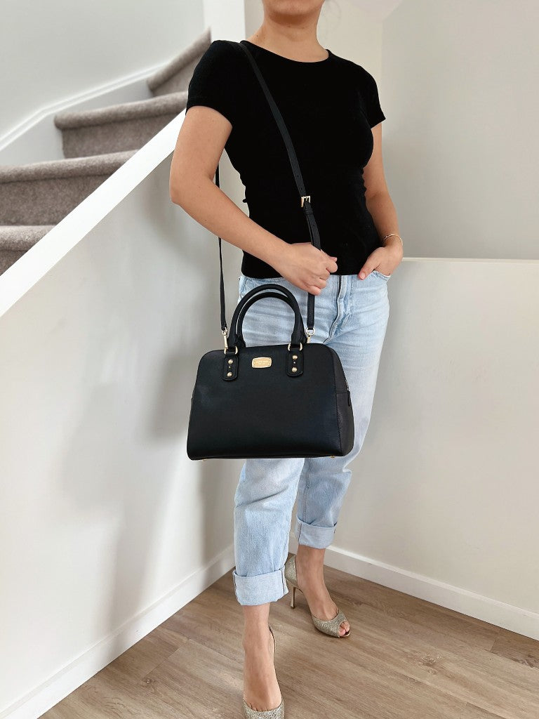 Michael Kors Black Leather Front Logo Career 2 Way Shoulder Bag Like New