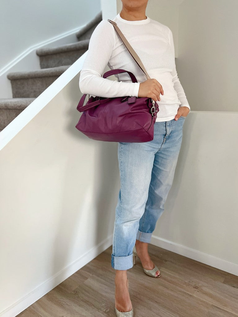 Coach Purple Leather Buckle Detail Boston 2 Way Shoulder Bag Excellent