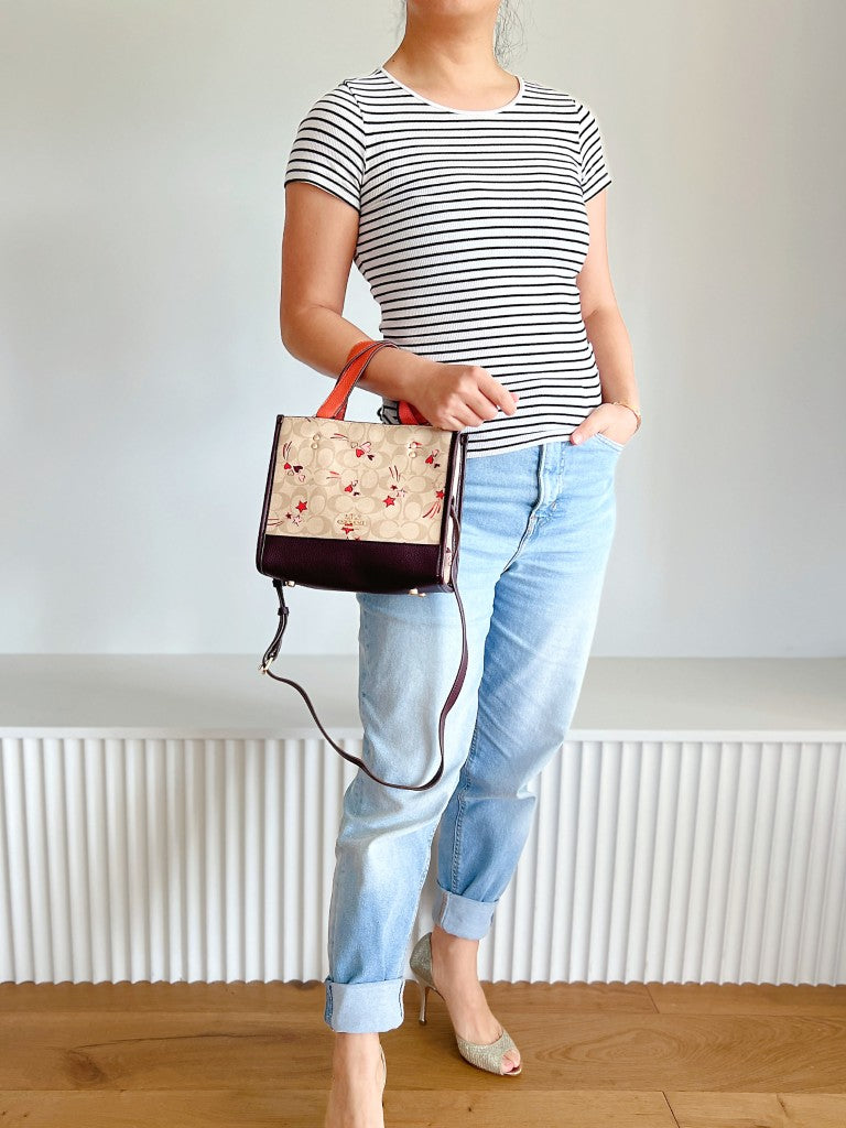 Coach Two Tone Leather Monogram Book Tote 2 Way Shoulder Bag