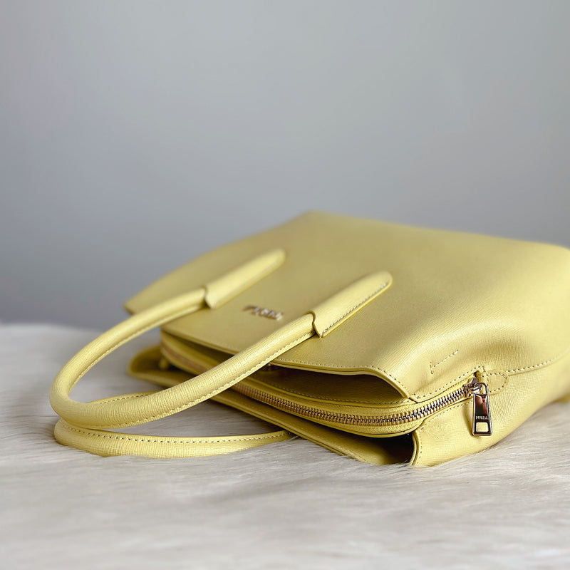 Furla Light Yellow Leather Triple Compartment 2 Way Shoulder Bag Like New