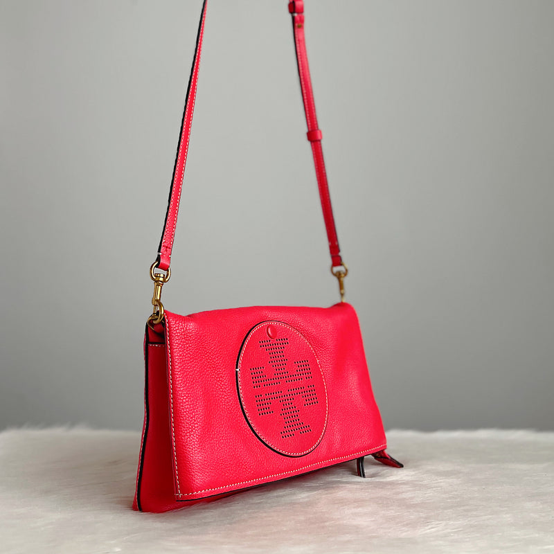 Tory Burch Strawberry Leather Front Logo Crossbody Shoulder Bag Excellent