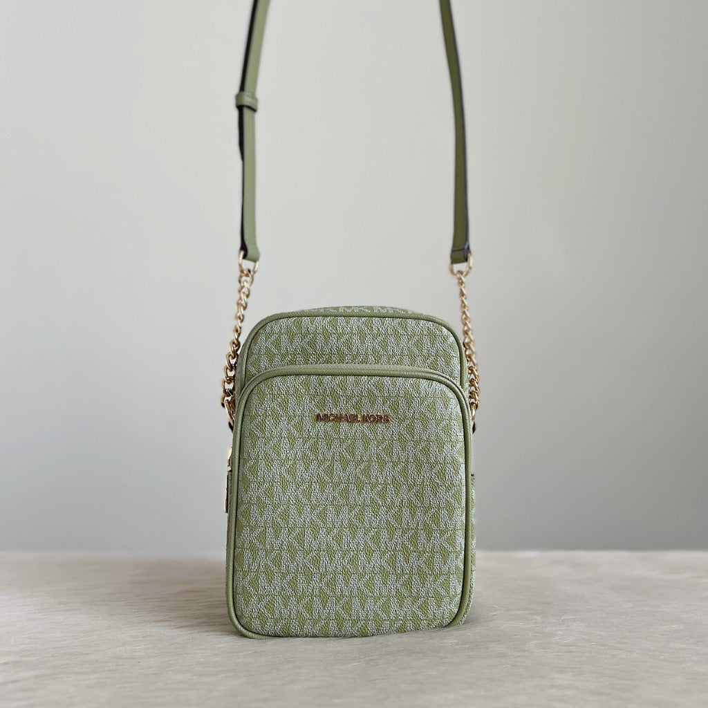 Michael Kors Green Leather Monogram Camera Crossbody Shoulder Bag Like New