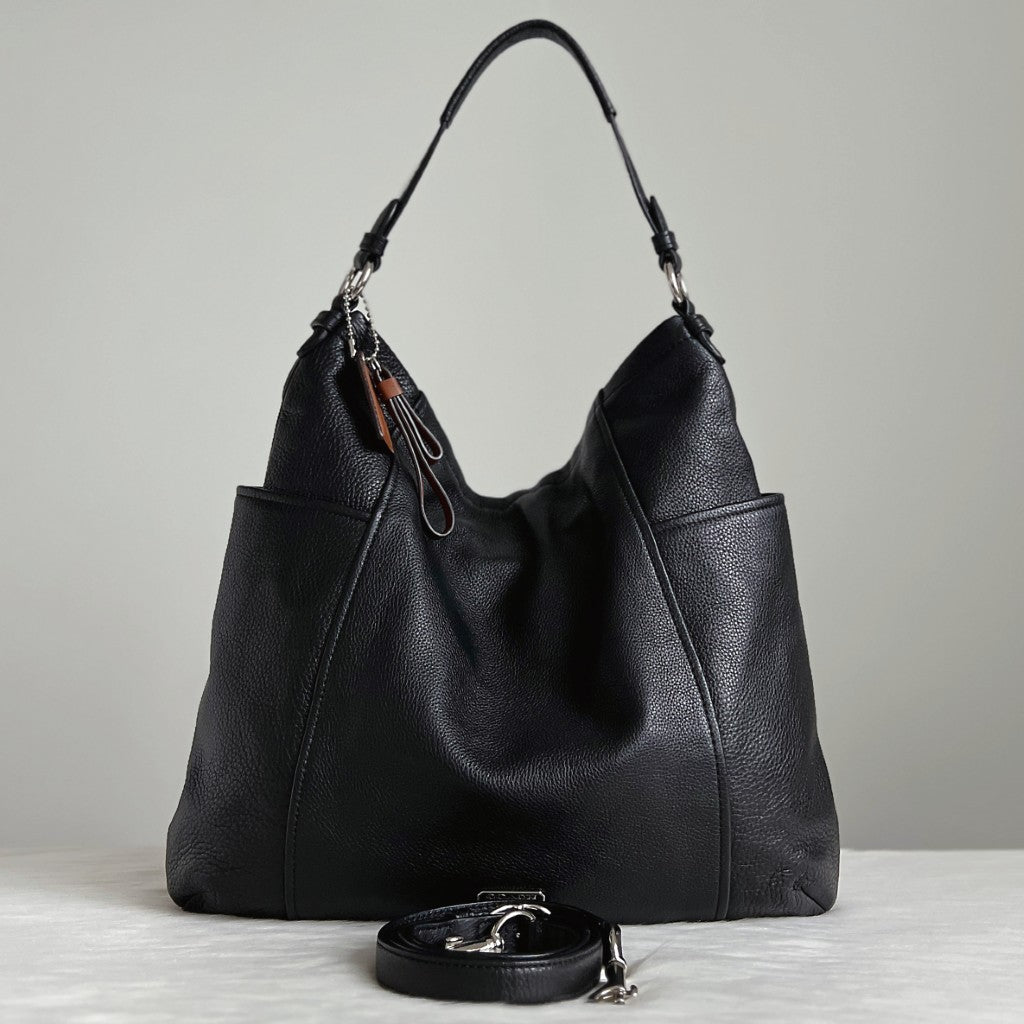 Coach Black Leather Front Logo Slouchy 2 Way Shoulder Bag Like New