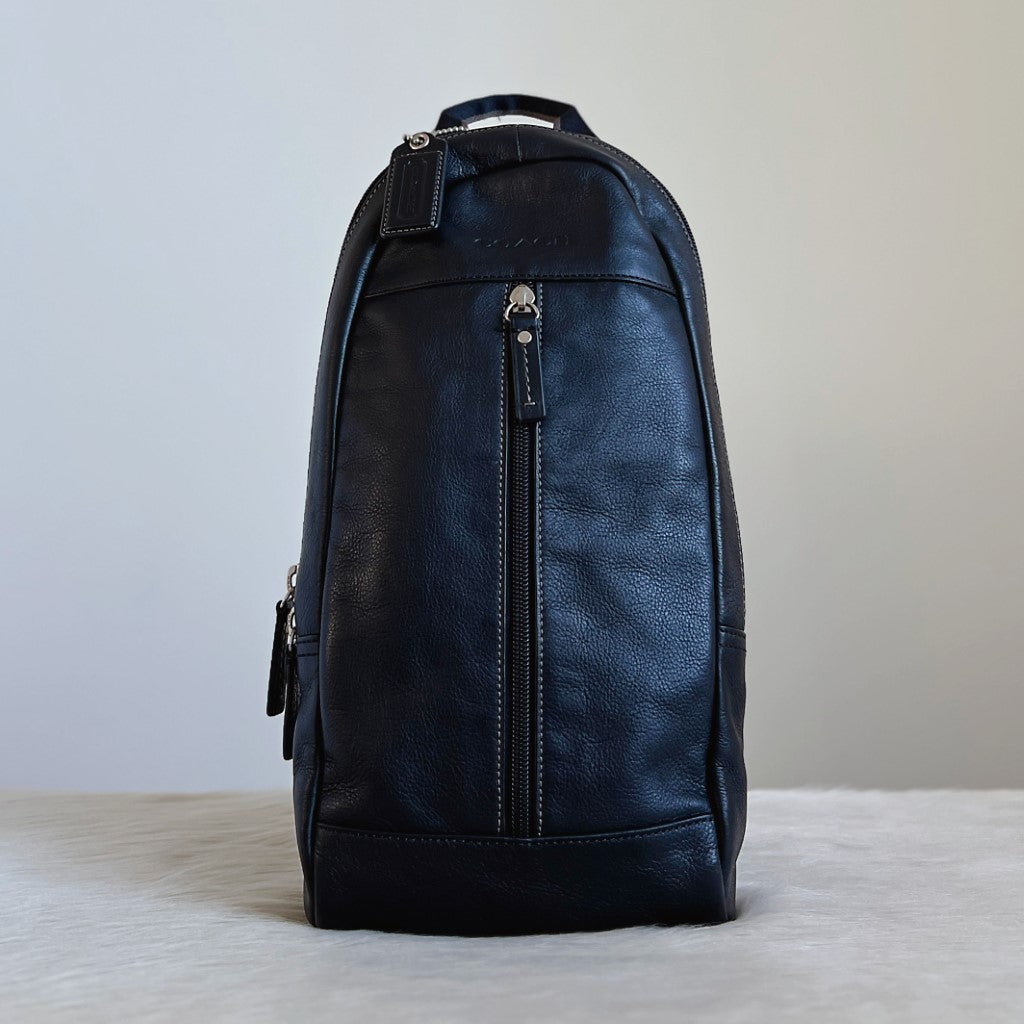 Coach Black Leather Front Zip Pocket Unisex Backpack