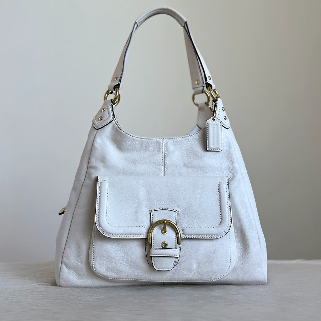 Coach White Leather Front Buckle Detail Triple Compartment Shoulder Bag