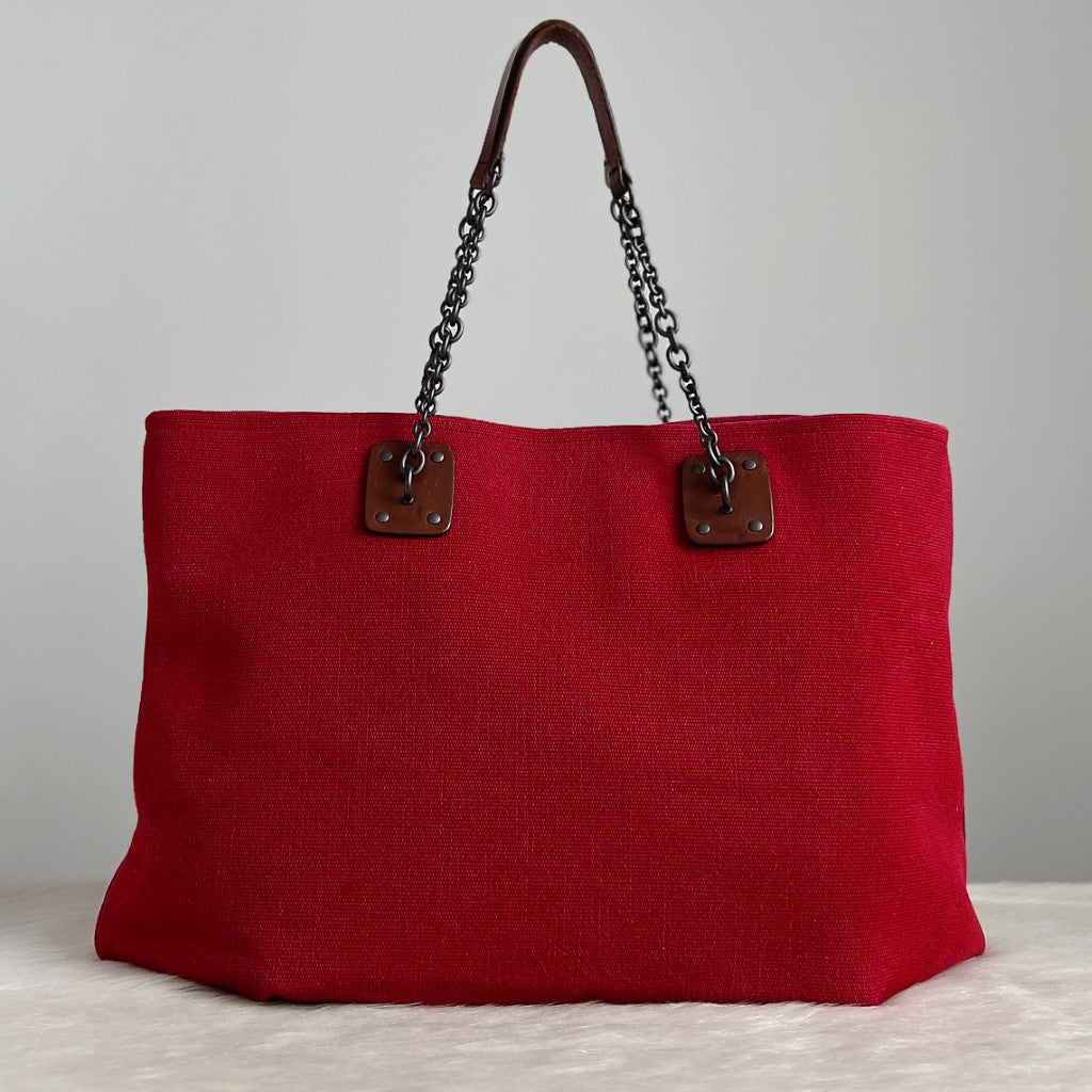 Bottega Veneta Red Canvas Chain Detail Large Carryall Shoulder Bag