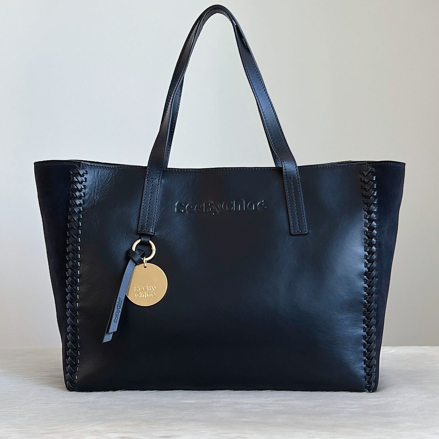 See by Chloe Black Leather Charm Detail Carryall Shoulder Bag Excellent