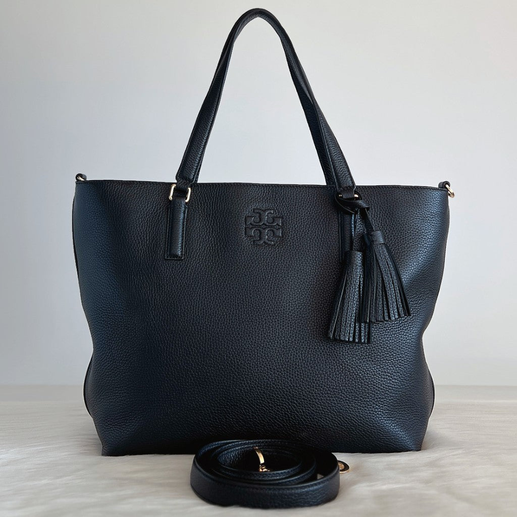 Tory Burch Black Leather Front Logo Tassel Charm 2 Way Shoulder Bag Like New