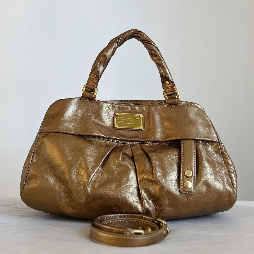 Marc Jacobs Bronze Leather Front Logo 2 Way Shoulder Bag