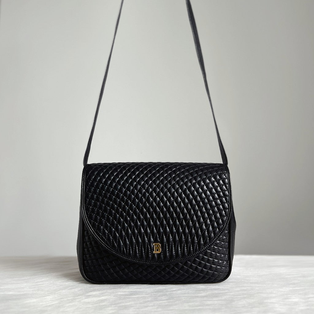 Bally Black Leather Quilited Front Logo Crossbody Shoulder Bag Excellent