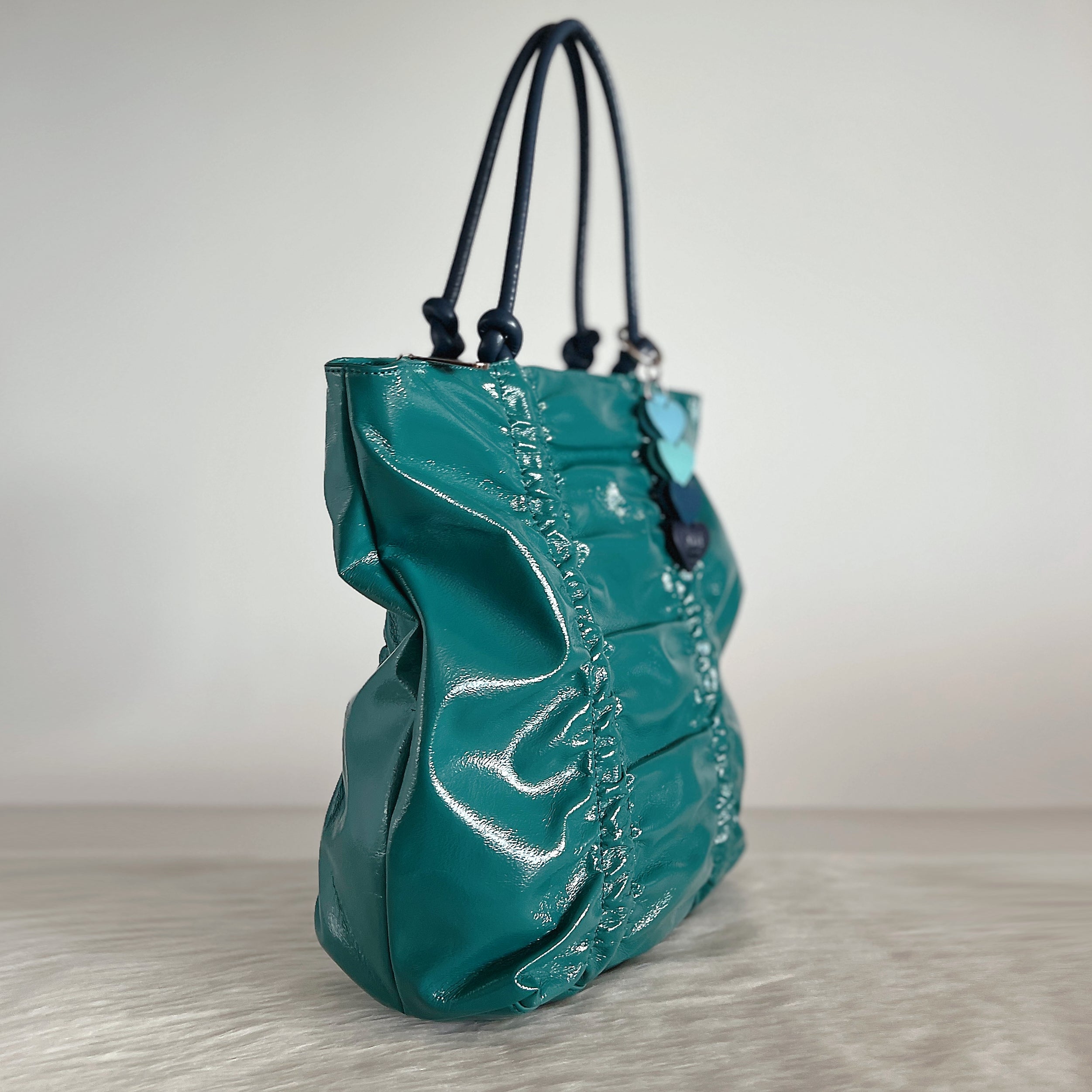 Anna Sui Patent Teal Leather Triple Compartment Shopper Shoulder Bag Like New