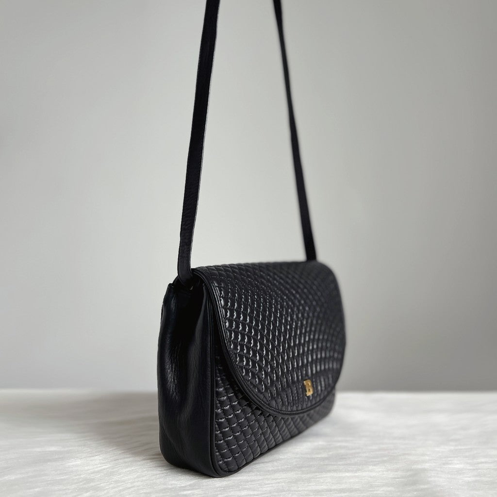 Bally Black Leather Quilited Front Logo Crossbody Shoulder Bag Excellent