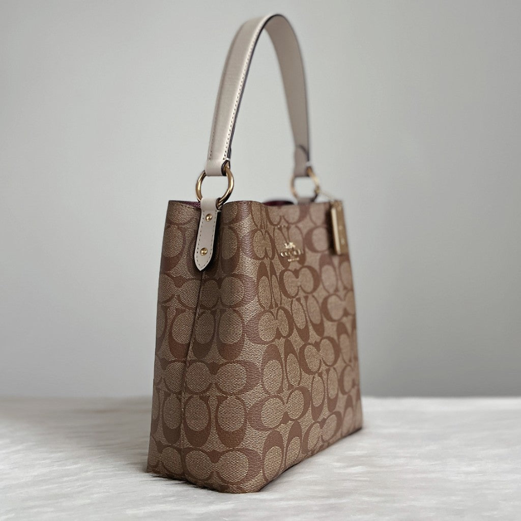 Coach White Leather Monogram Triple Compartment Bucket 2 Way Shoulder Bag Like New