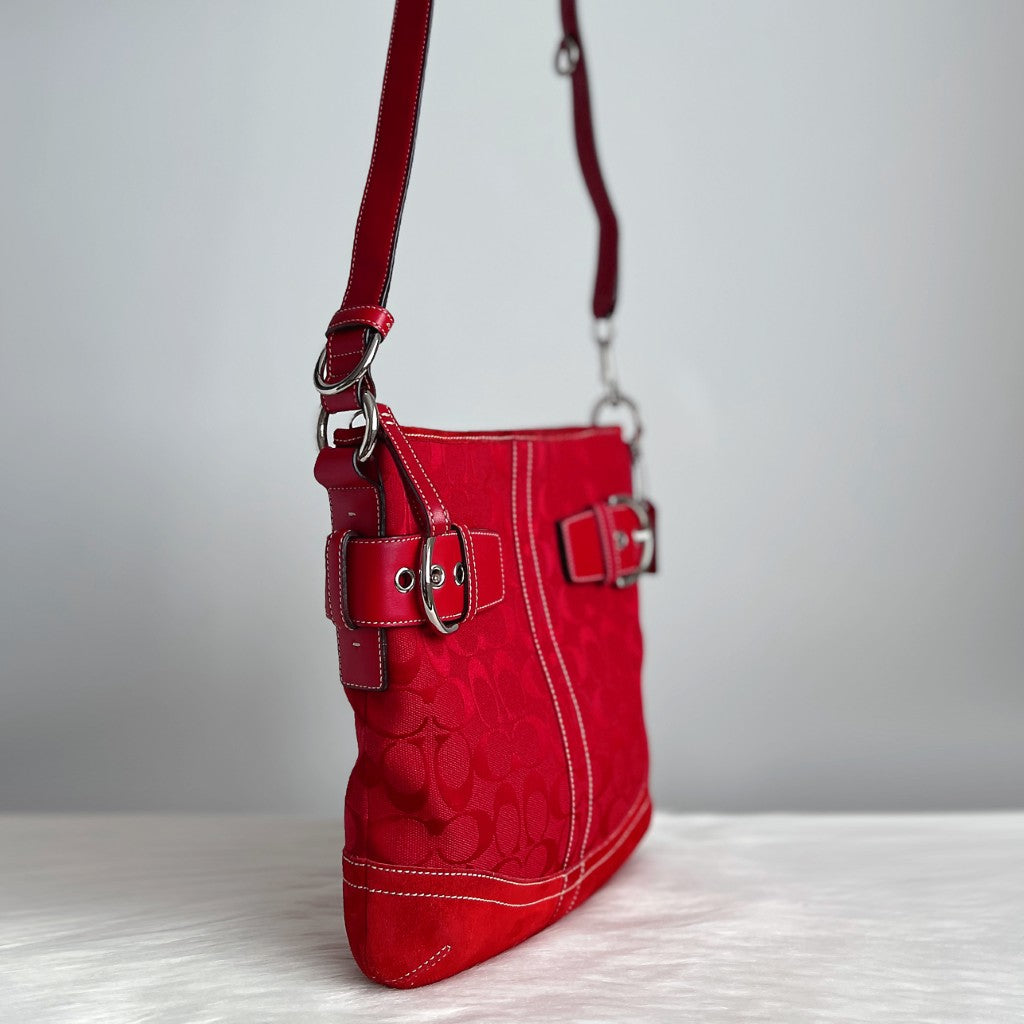 Coach Red Leather Monogram Double Buckle Crossbody Shoulder Bag Excellent