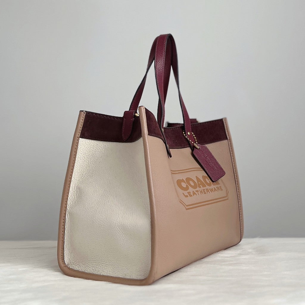 Coach Tri-Tone Leather Suede Patchwork Book Tote 2 Way Shoulder Bag Excellent