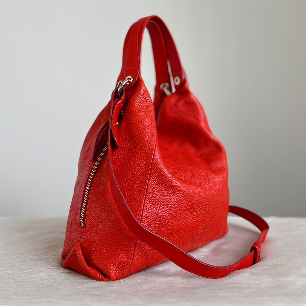 Furla Orange Red Leather Slouchy Side Zip Detail 2 Way Shoulder Bag