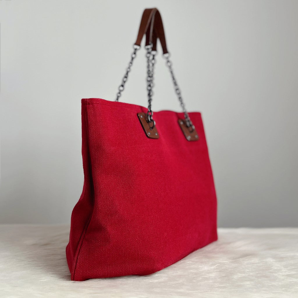 Bottega Veneta Red Canvas Chain Detail Large Carryall Shoulder Bag