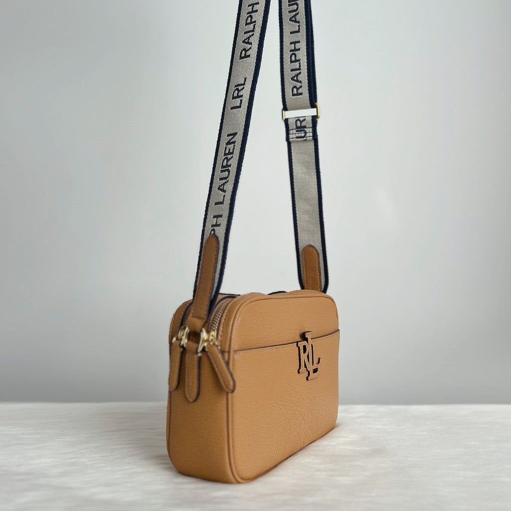 Ralph Lauren Caramel Leather Double Compartment Crossbody Shoulder Bag Like New