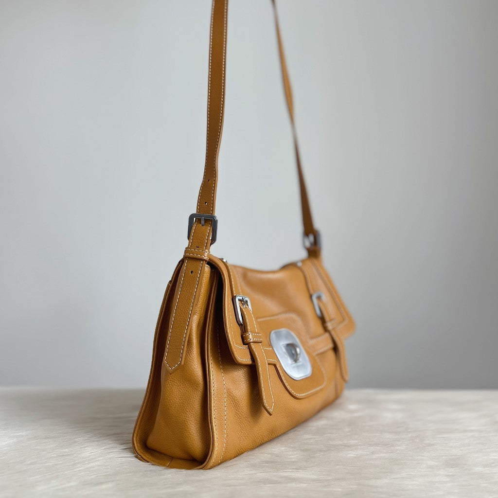 Longchamp Light Brown Leather Double Buckle Crossbody Shoulder Bag Excellent