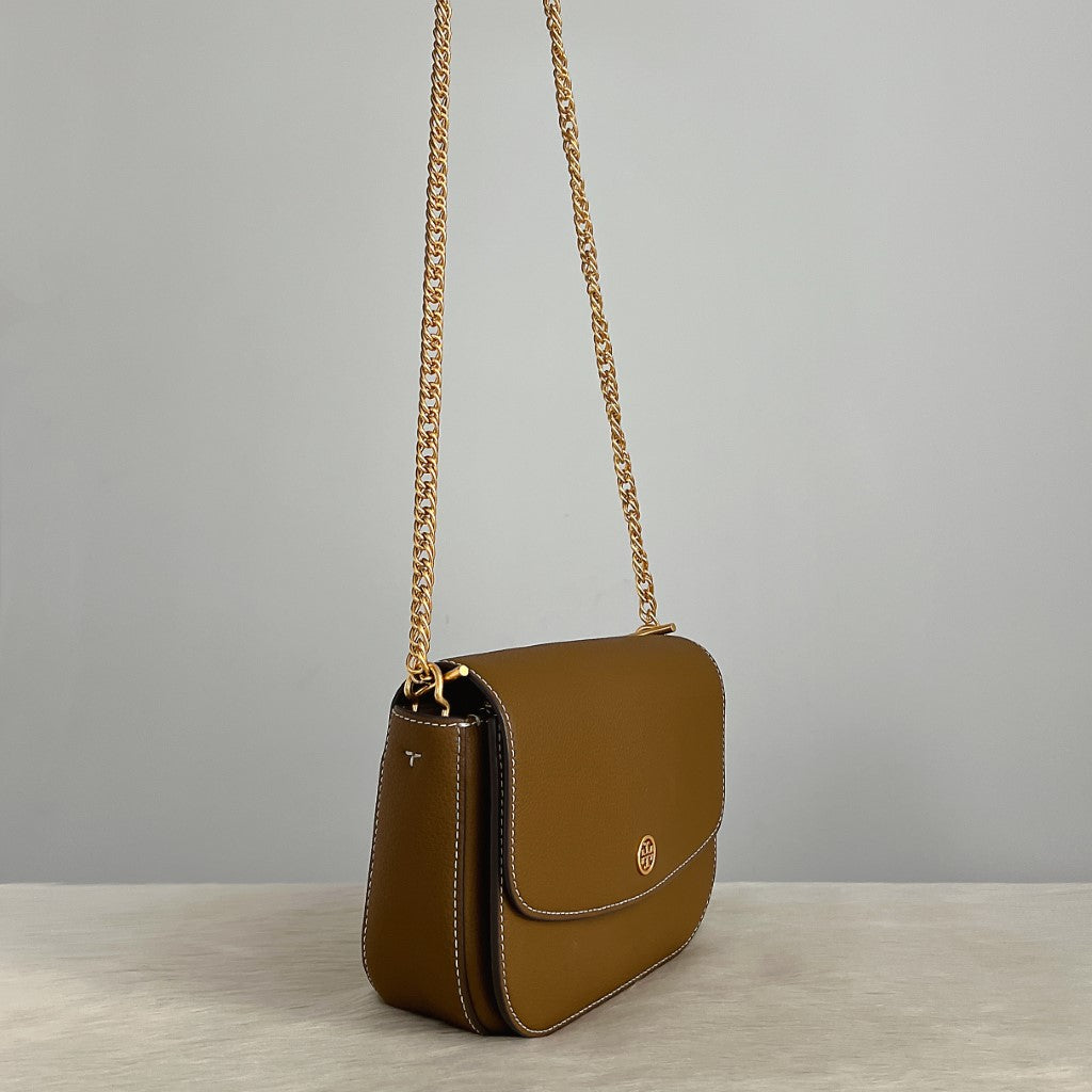Tory Burch Mocha Leather Front Logo Chain Detail Crossbody Shoulder Bag Like New