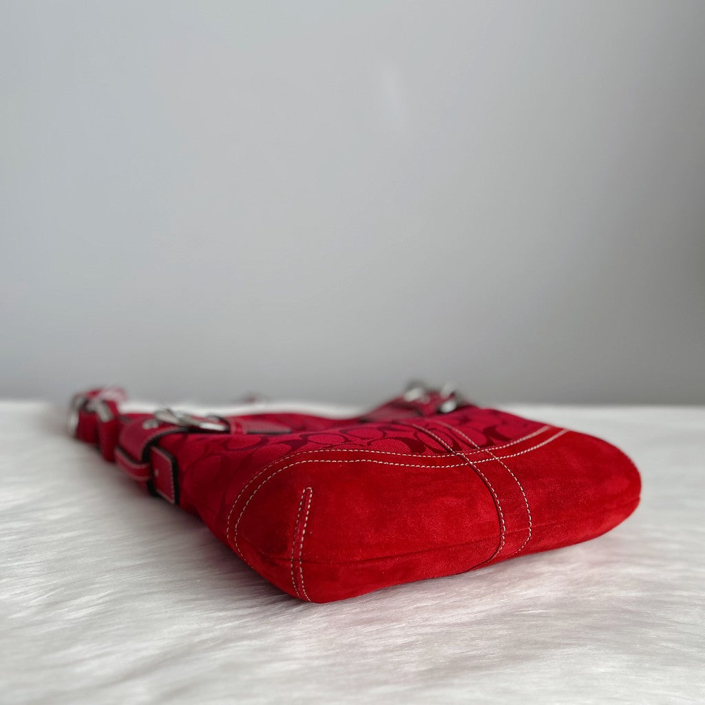 Coach Red Leather Monogram Double Buckle Crossbody Shoulder Bag Excellent