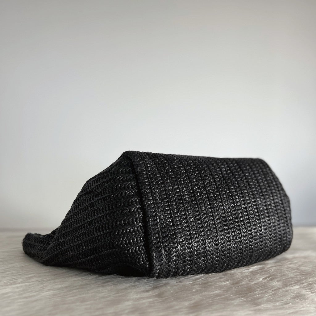 Emporio Armani Black Leather Charm Detail Straw Holiday Carryall Shoulder Bag Excellent