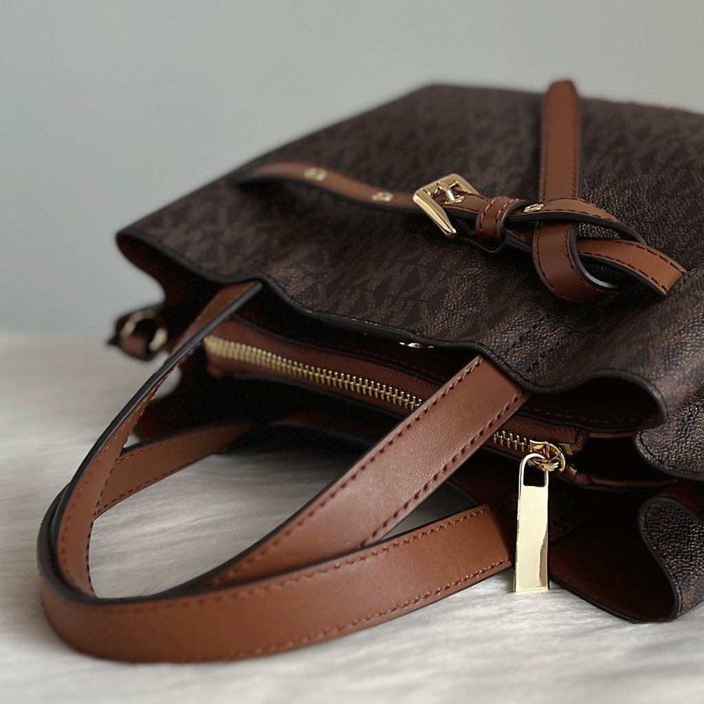 Michael Kors Caramel Leather Monogram Triple Compartment 2 Way Shoulder Bag Like New