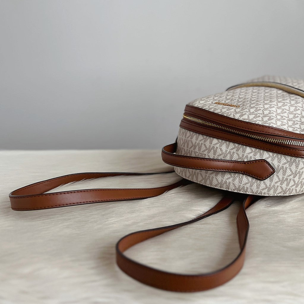 Michael Kors Caramel Leather Monogram Front Logo Backpack Like New