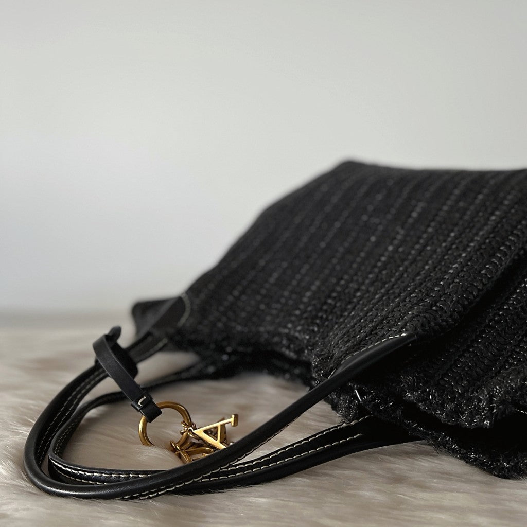 Emporio Armani Black Leather Charm Detail Straw Holiday Carryall Shoulder Bag Excellent