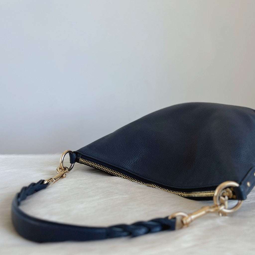 Coach Navy Leather Front Logo Slouchy Pleated Strap Detail Shoulder Bag Excellent