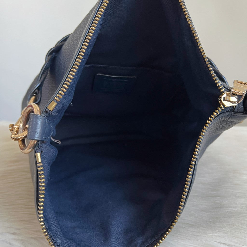 Coach Navy Leather Front Logo Slouchy Pleated Strap Detail Shoulder Bag Excellent