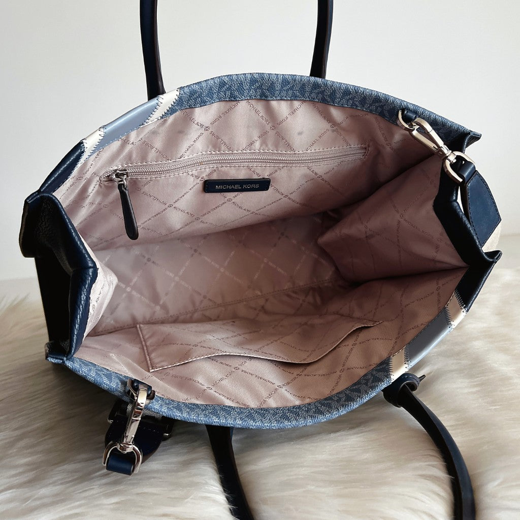 Michael Kors Navy Leather Monogram Patchwork Book Tote 2 Way Shoulder Bag Like New