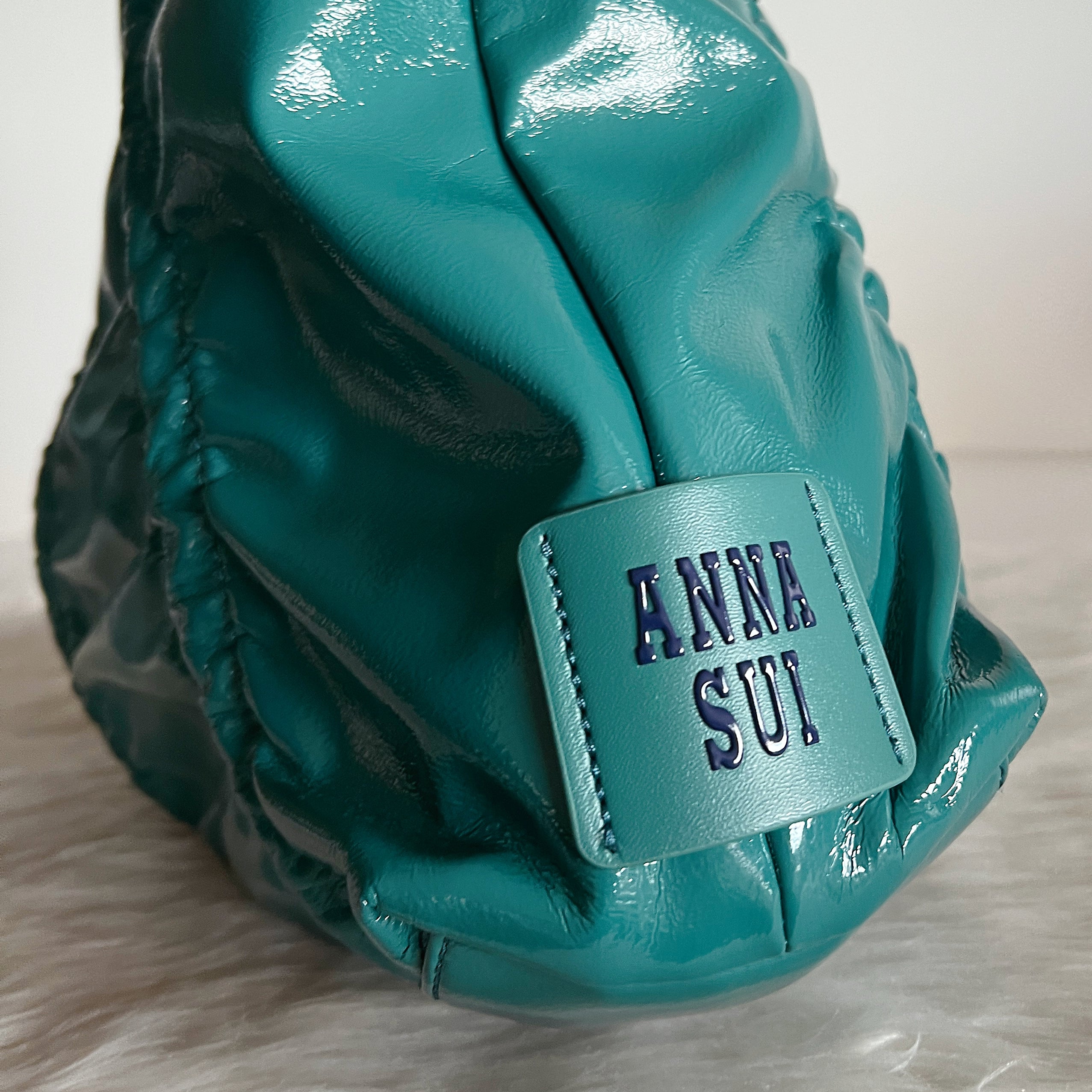 Anna Sui Patent Teal Leather Triple Compartment Shopper Shoulder Bag Like New