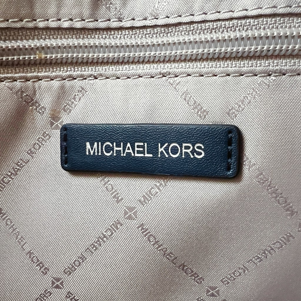 Michael Kors Navy Leather Monogram Patchwork Book Tote 2 Way Shoulder Bag Like New