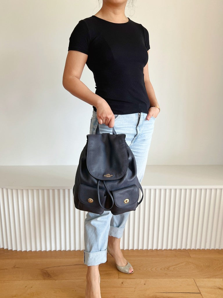 Coach Navy Leather Front Logo Drawstring Turn Lock Pocket Backpack Like New