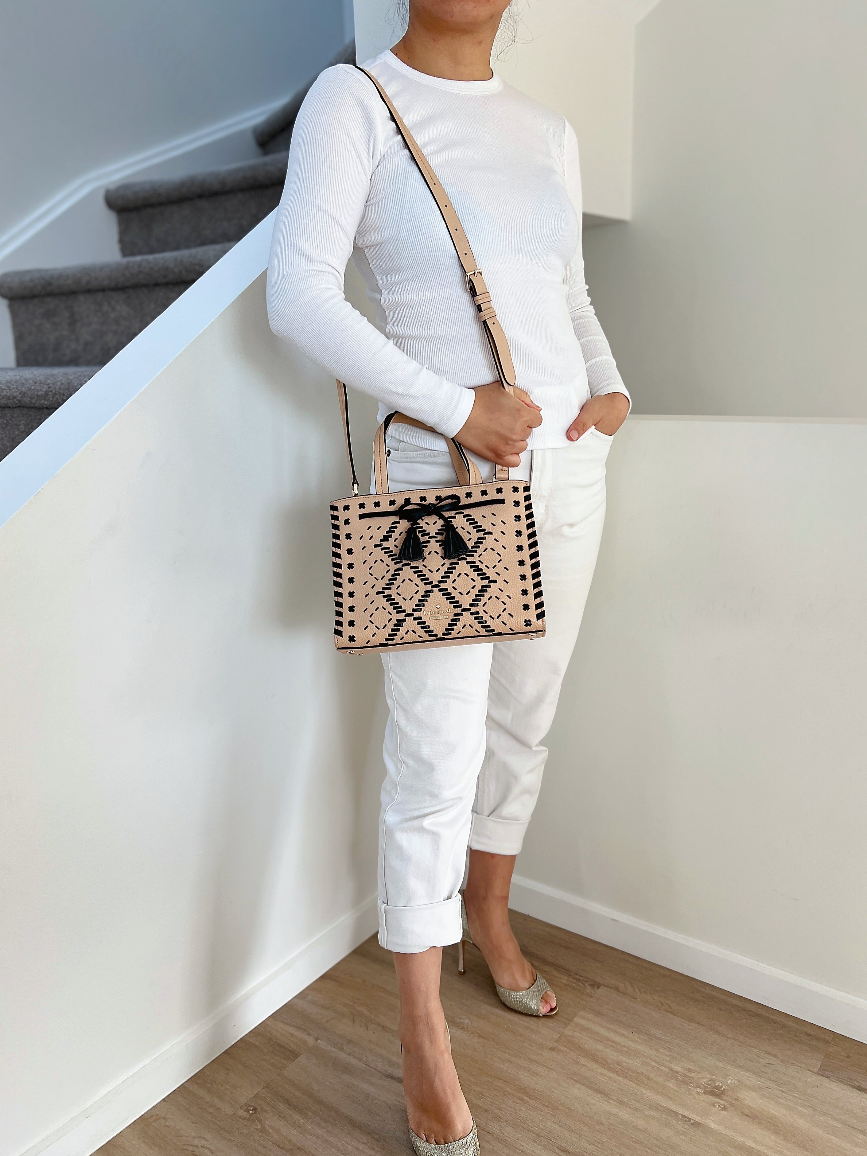 Kate Spade Two Tone Leather Woven Triple Compartment 2 Way Shoulder Bag Like New