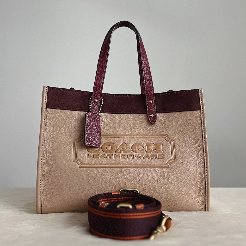 Coach Tri-Tone Leather Suede Patchwork Book Tote 2 Way Shoulder Bag Excellent