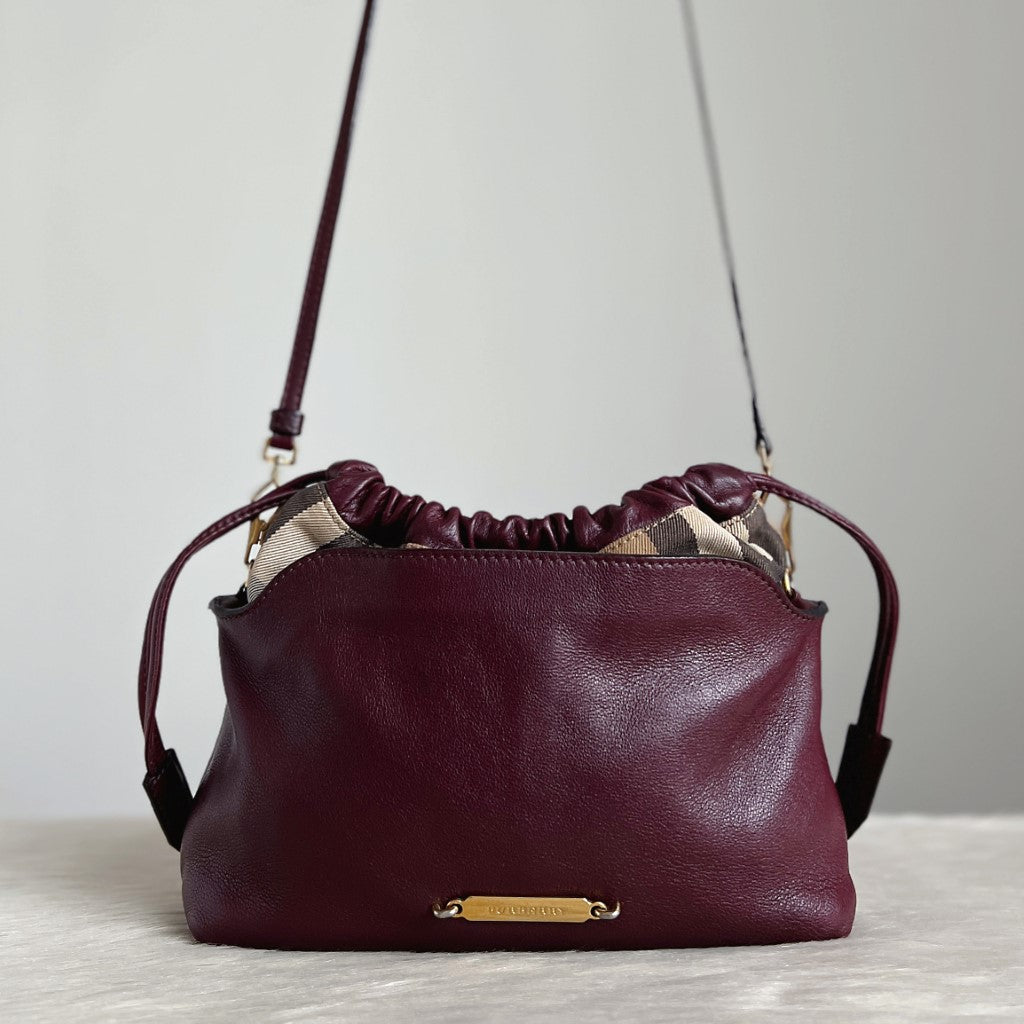 Burberry Bordeaux Leather Check Pattern Drawstring Crossbody Shoulder Bag