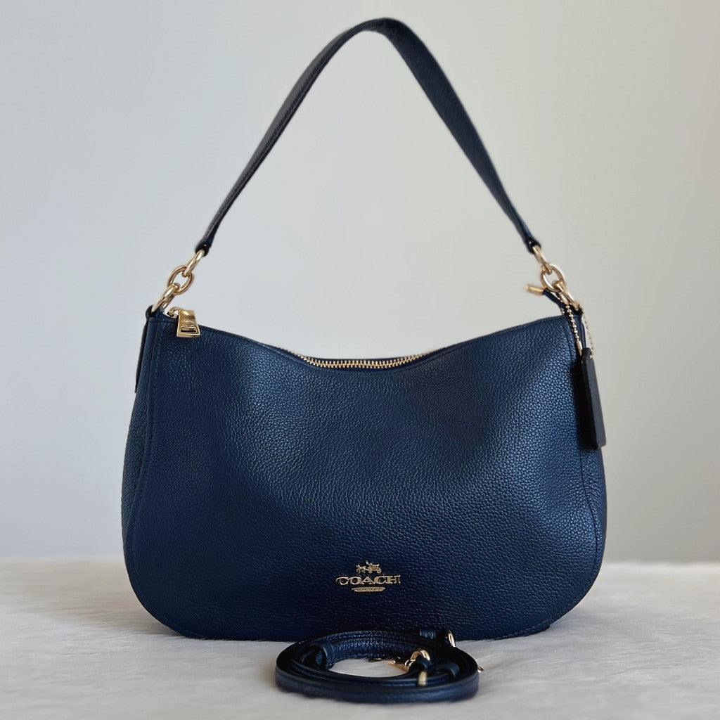 Coach Navy Leather Front Logo Slouchy 2 Way Shoulder Bag Like New