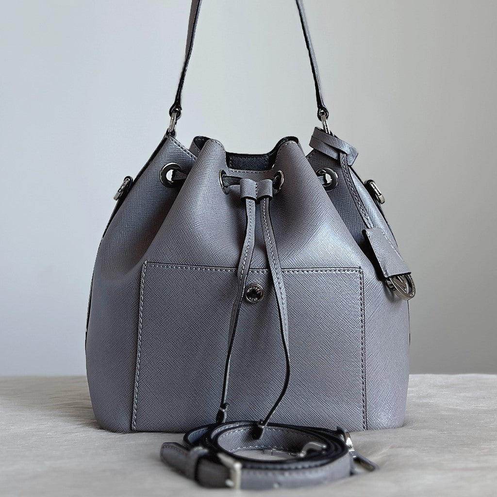 Michael Kors Grey Leather Drawstring Bucket 2 Way Shoulder Bag