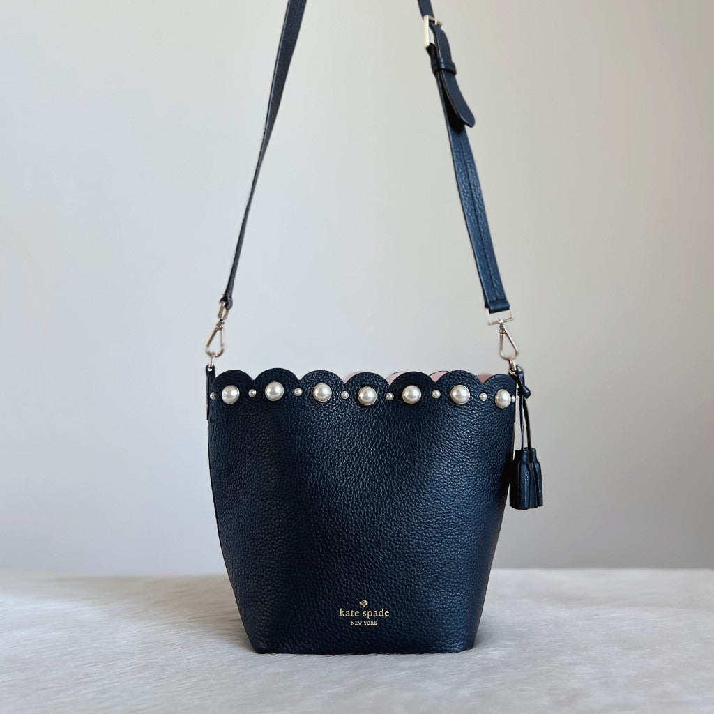 Kate Spade Black Leather Pearl Detail Tassel Charm Bucket Shoulder Bag Excellent