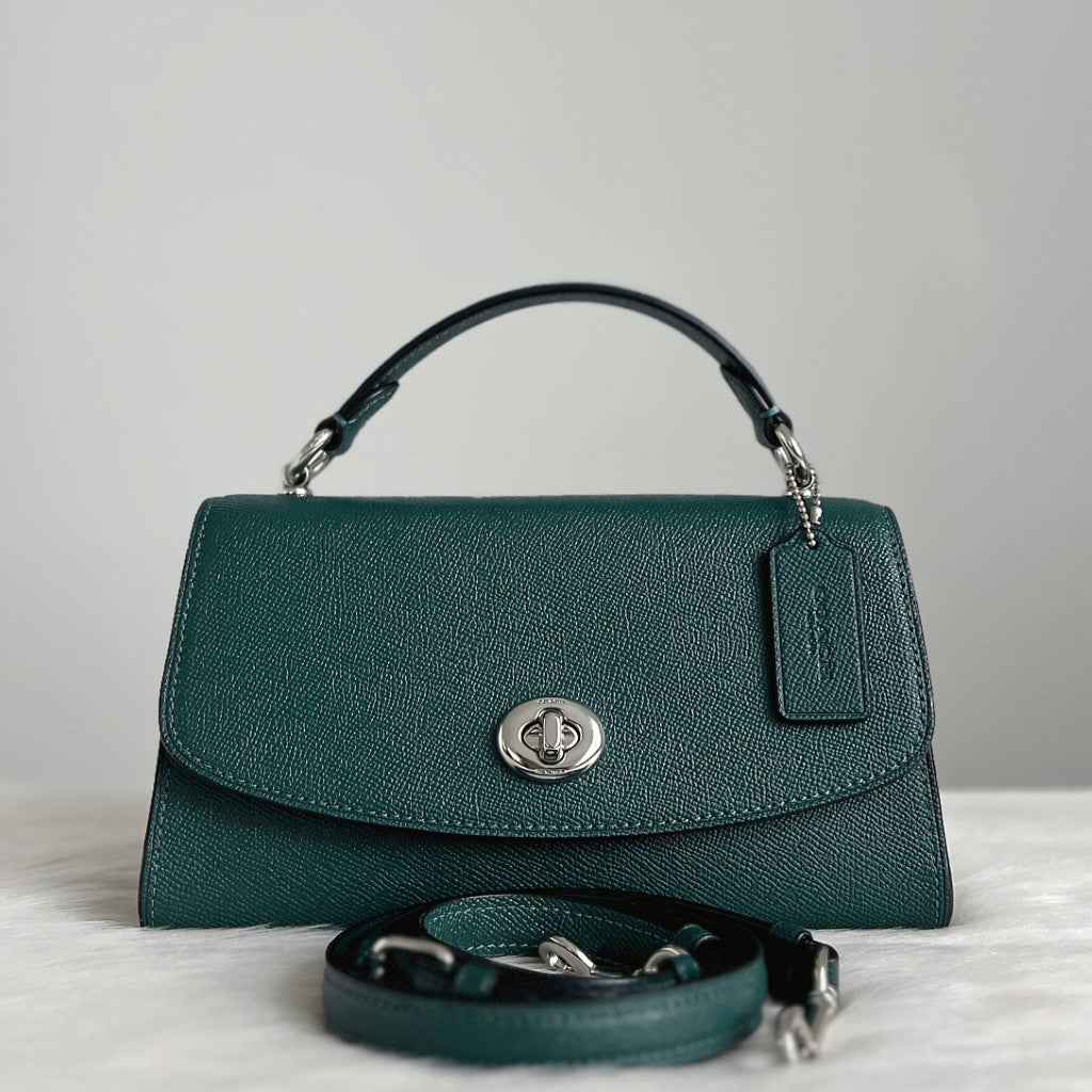 Coach Dark Green Leather Turn Lock 2 Way Shoulder Bag Like New