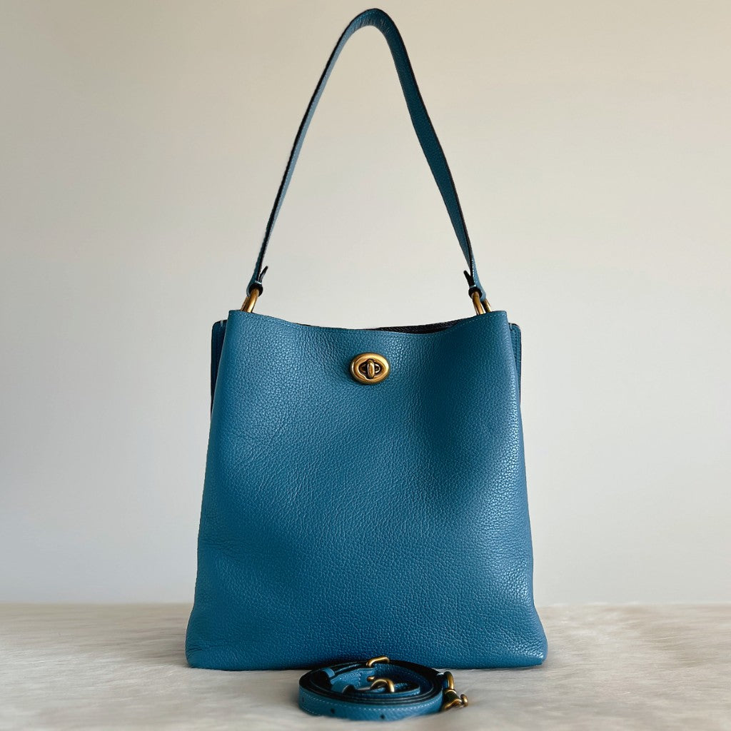 Coach Teal Leather Double Compartment Bucket 2 Way Shoulder Bag Like New